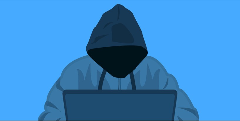 "Professional hacker wearing hoodie, typing on laptop with binary code background"